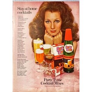 Party Tyme Cocktail Mixes "Stay at home cocktails" Playboy Vintage Print Ad